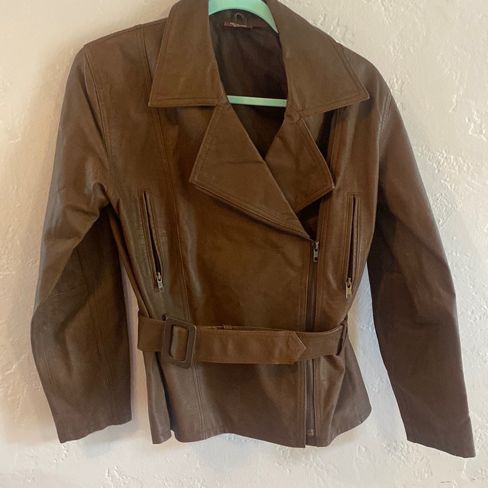 Vintage brown leather belted jacket